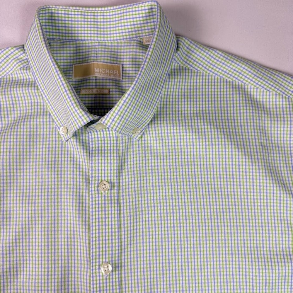Michael Michael Kors Dress Shirt Mens 17.5 34/35 Blue Green Check Non Iron